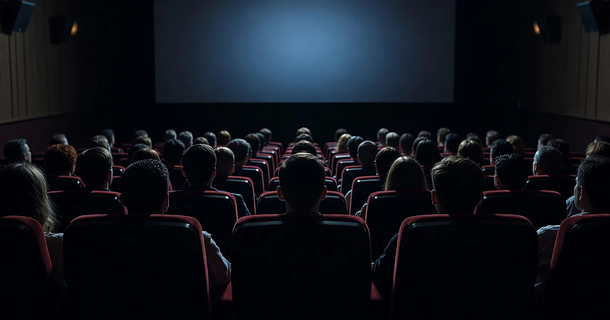 Silhouetted moviegoers fill theater seats facing illuminated screen during evening screening