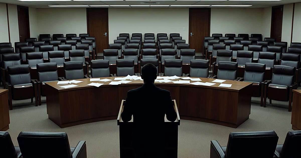 Silhouetted figure at podium facing empty council chamber with scattered papers on table