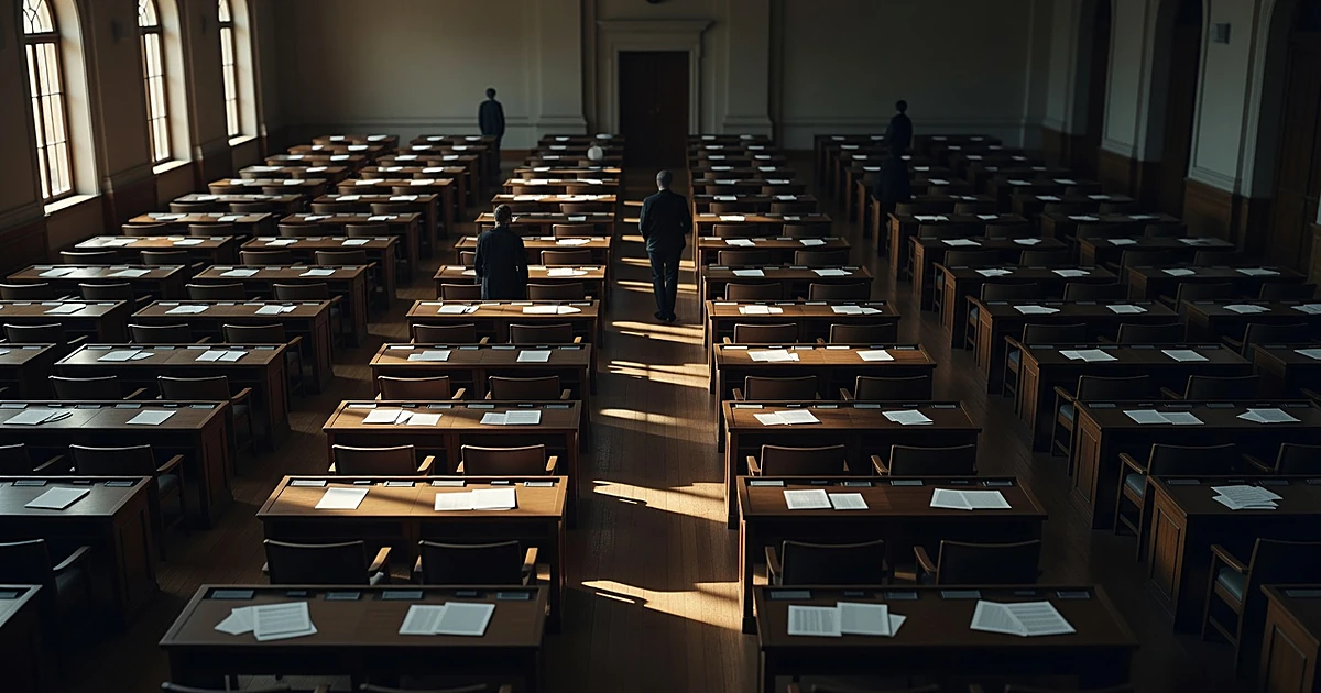 Interior of legislative chamber with silhouetted figures among empty desks and scattered papers in afternoon light