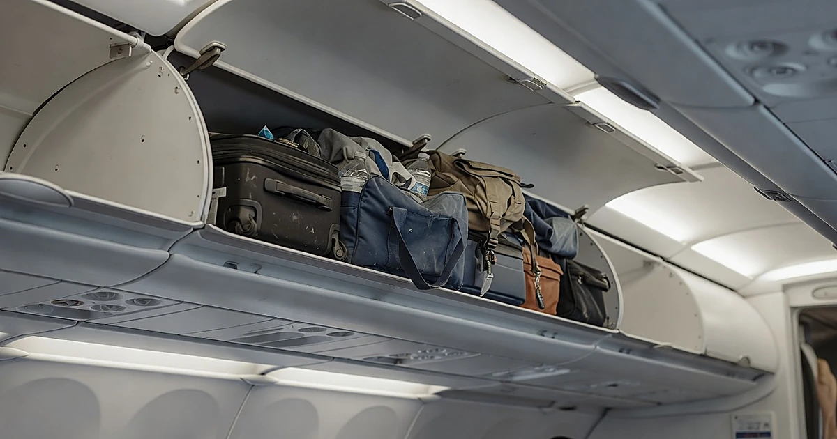 Open aircraft overhead storage bin containing passenger luggage viewed from below inside cabin