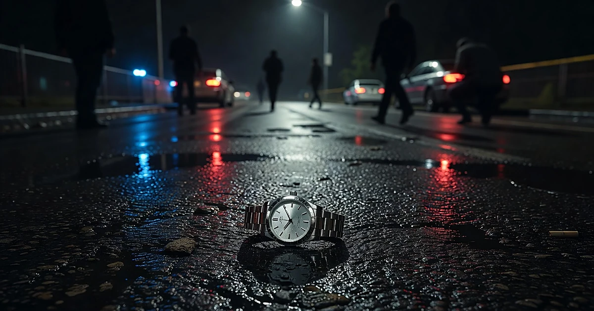 Luxury watch on wet pavement under streetlights with emergency vehicle light reflections