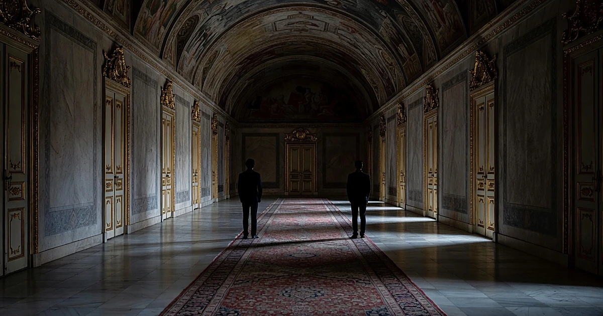 Two silhouetted figures standing apart at opposite ends of an ornate palace corridor