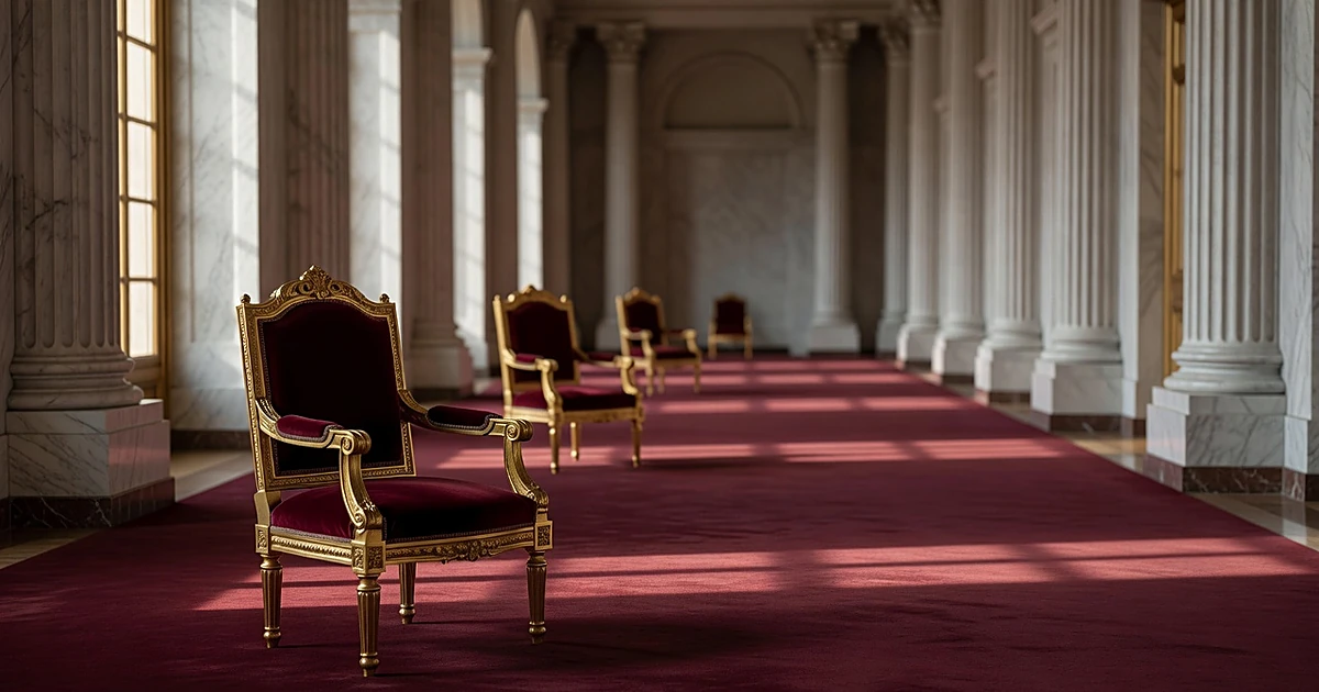 Three ornate palace chairs positioned at increasing distances down an elegant corridor with burgundy carpet