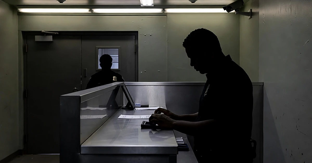 Police booking station with silhouetted hands being fingerprinted at processing counter under fluorescent lights