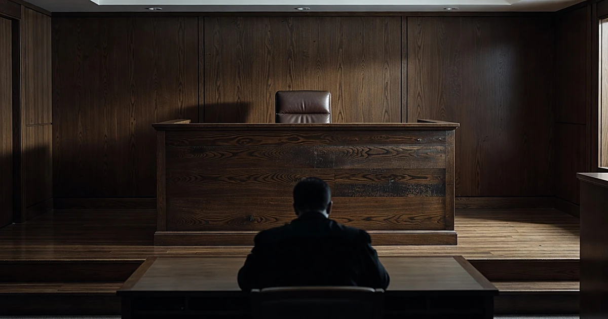 Empty courtroom with judge's bench and silhouetted figure at defense table
