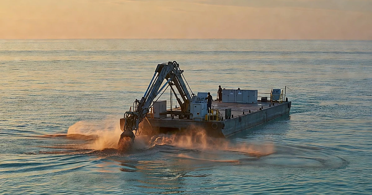 Dredging equipment operating in shallow tropical lagoon waters with coral atoll shoreline in background