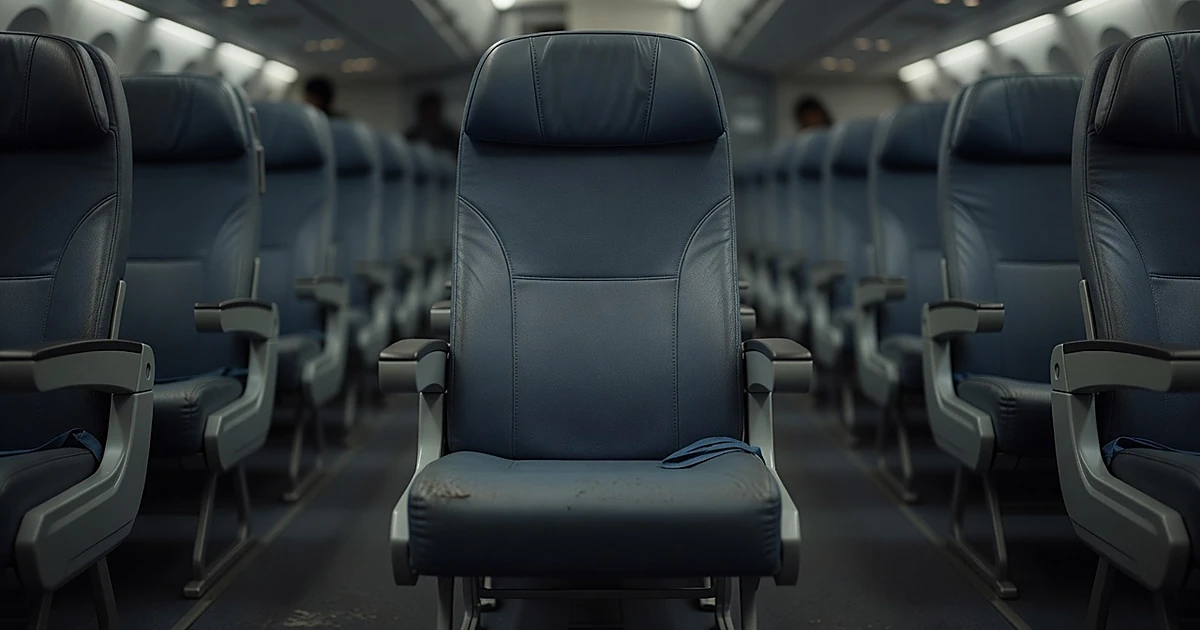Close-up of empty airline economy seat fabric showing texture and wear in dim cabin lighting