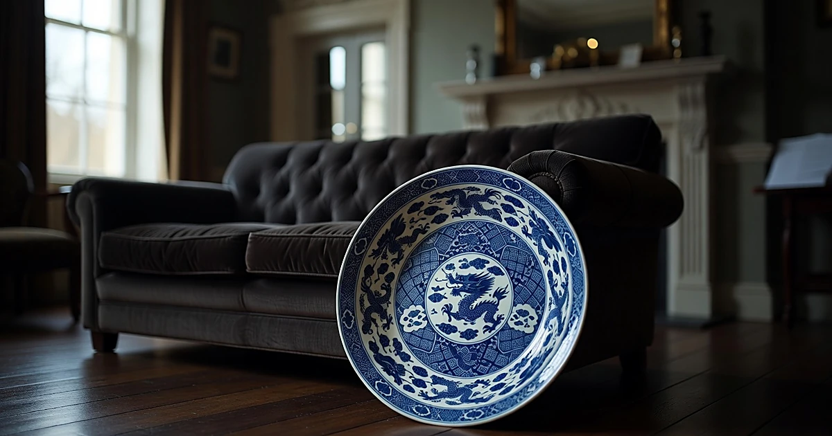 Large ornate Chinese porcelain dish on floor partially under sofa in dimly lit living room