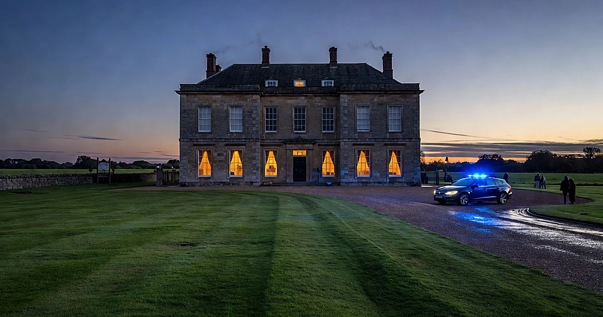 Country estate house at dusk with police vehicle emergency lights in driveway near Sandringham
