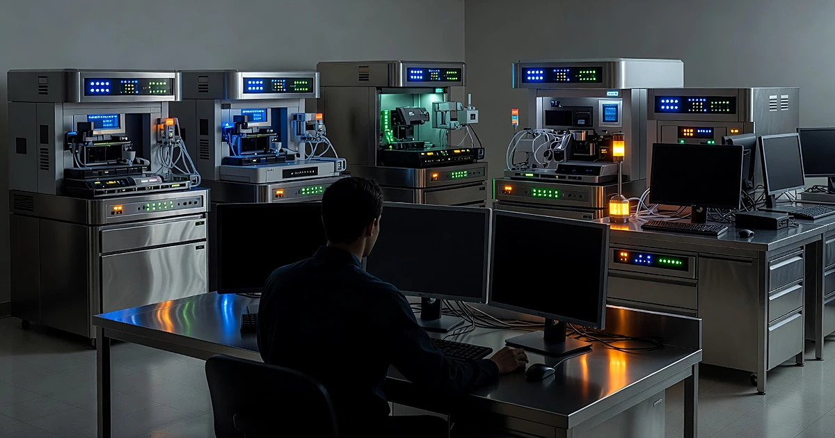 Silhouetted lab technician at computer workstation in modern medical diagnostic laboratory with glowing equipment