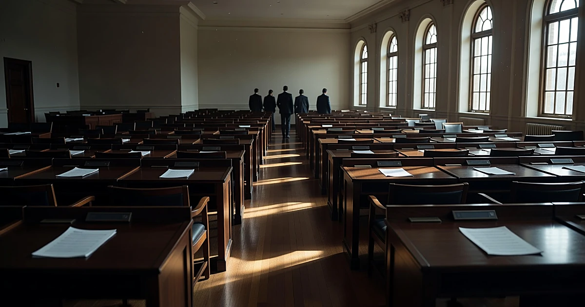 Empty legislative chamber with scattered papers and distant silhouetted figures standing in aisles