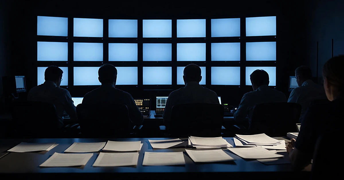 Silhouetted figures in TV studio control room with glowing blank monitors during political campaign production