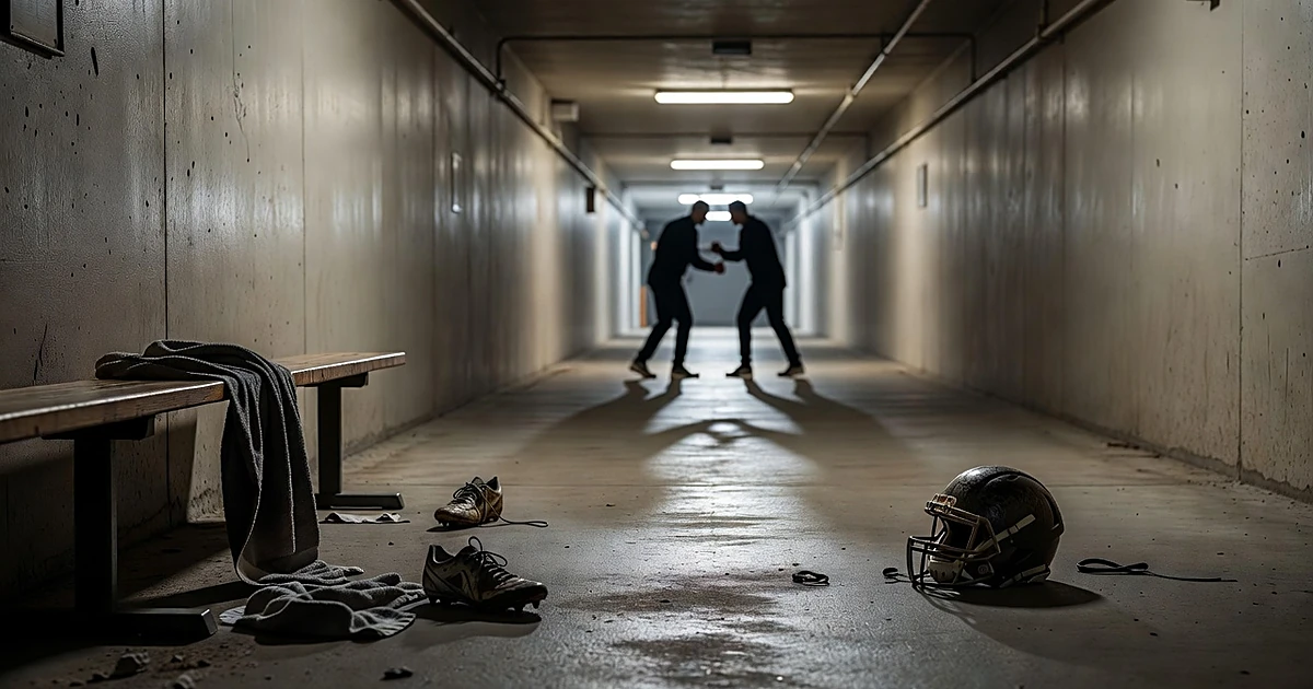 Empty football stadium tunnel at night with scattered equipment and silhouetted figures in tense confrontation