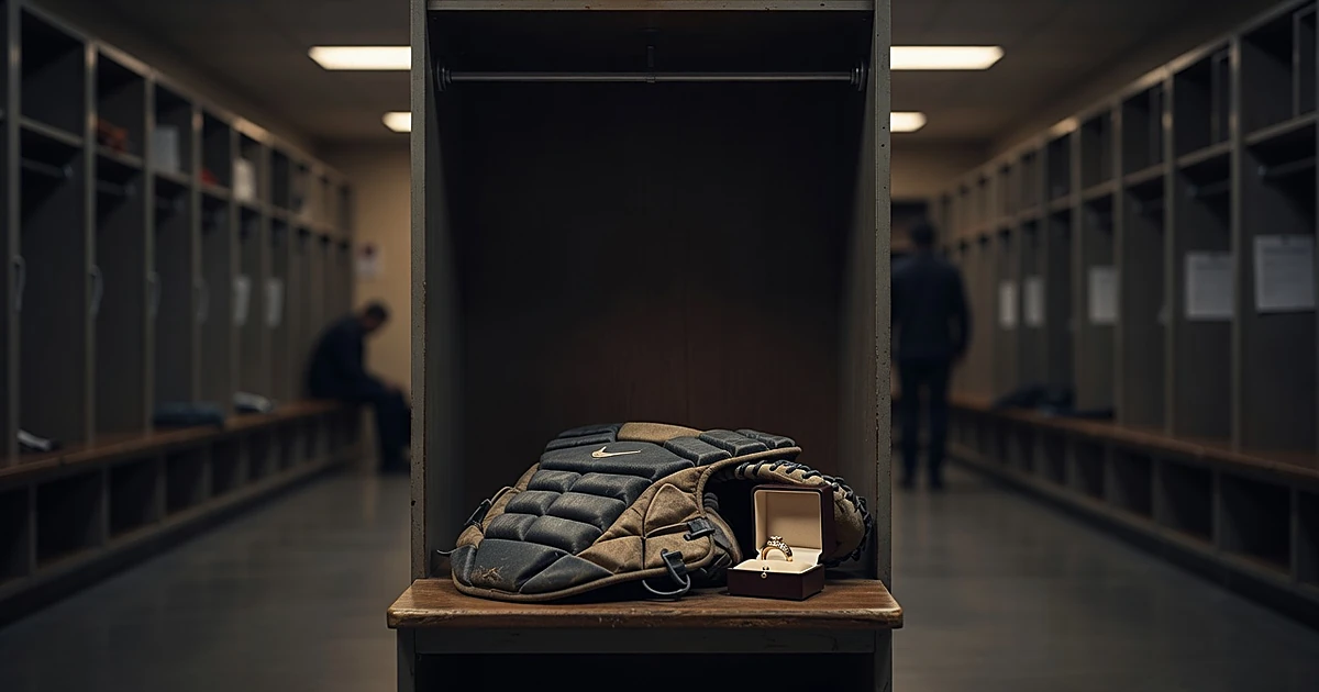 Empty baseball locker with catcher's gear and championship ring box on wooden bench in dimly lit locker room