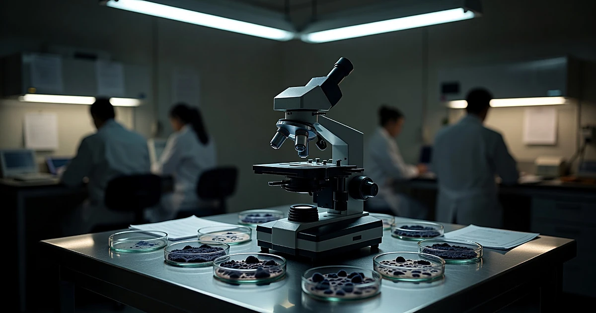 Medical laboratory with microscope and fungal culture samples on examination table with researchers in background