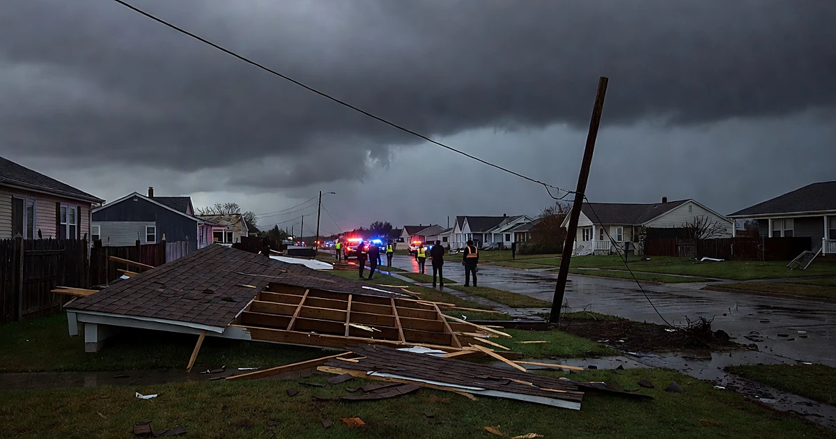 Storm-damaged residential street with collapsed roof debris and emergency responders at dusk under dark clouds