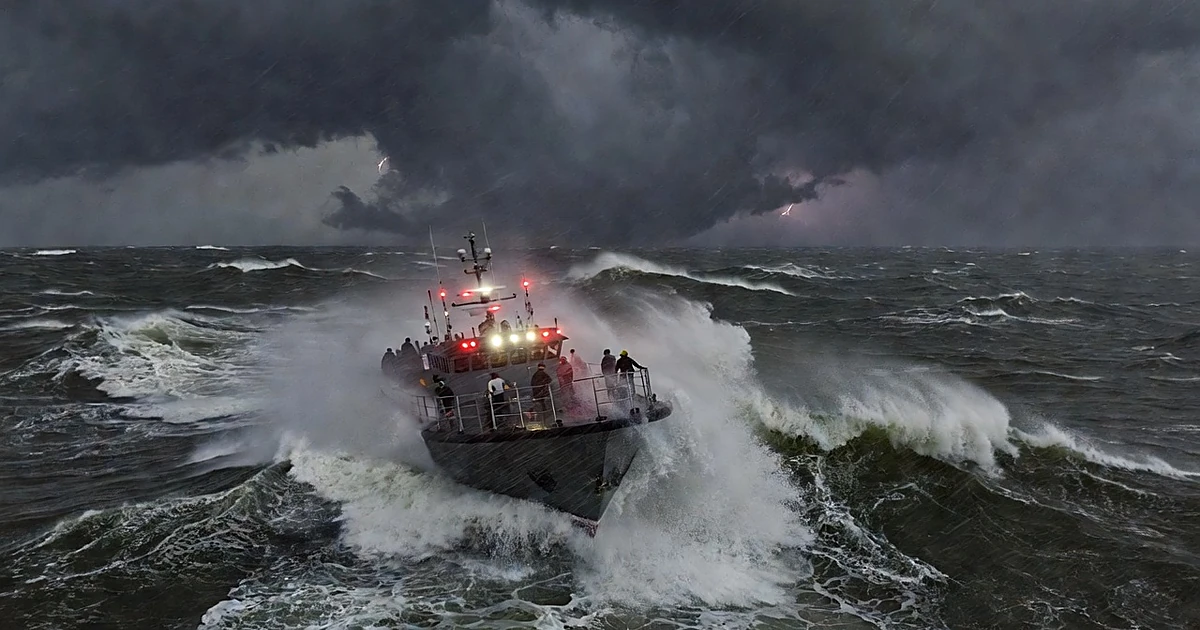 Ship deck in violent Pacific storm with massive waves and dark clouds overhead