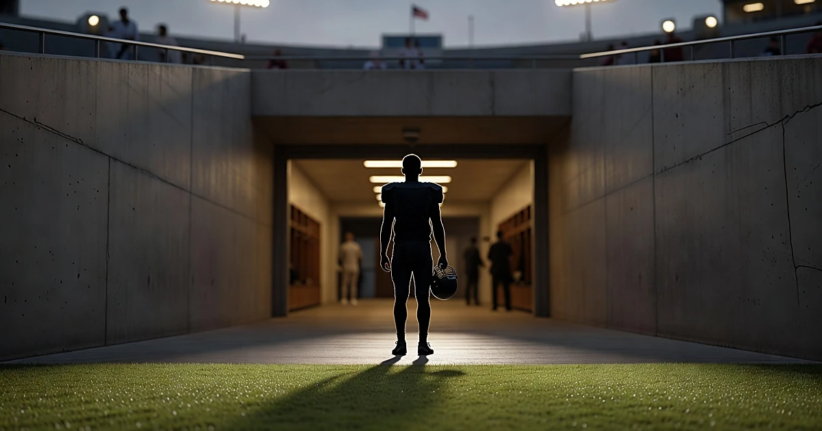Silhouetted quarterback standing in stadium tunnel entrance holding helmet, backlit by locker room lights at dusk
