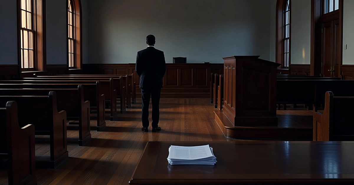 Empty South Carolina courtroom interior with witness stand and silhouetted attorney figure at dusk