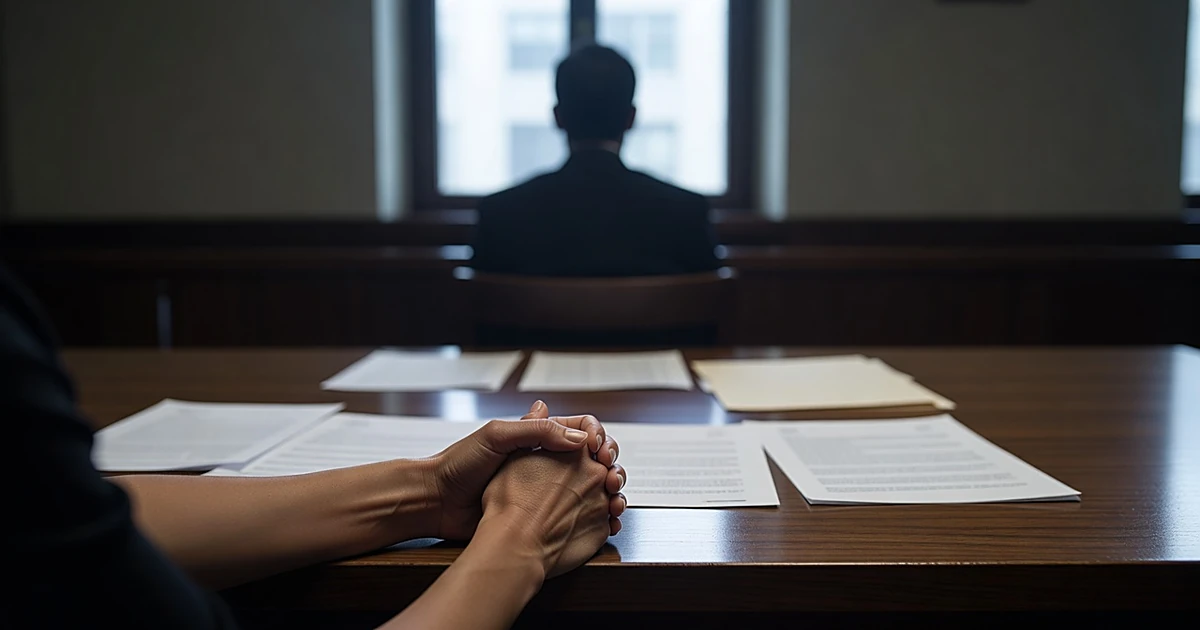 Hands gripping courtroom table edge with legal documents during tense divorce proceedings