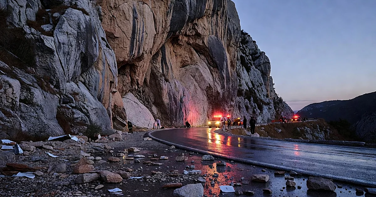 Mountain road with scattered rocks and emergency lights reflecting off wet pavement beneath steep cliff face