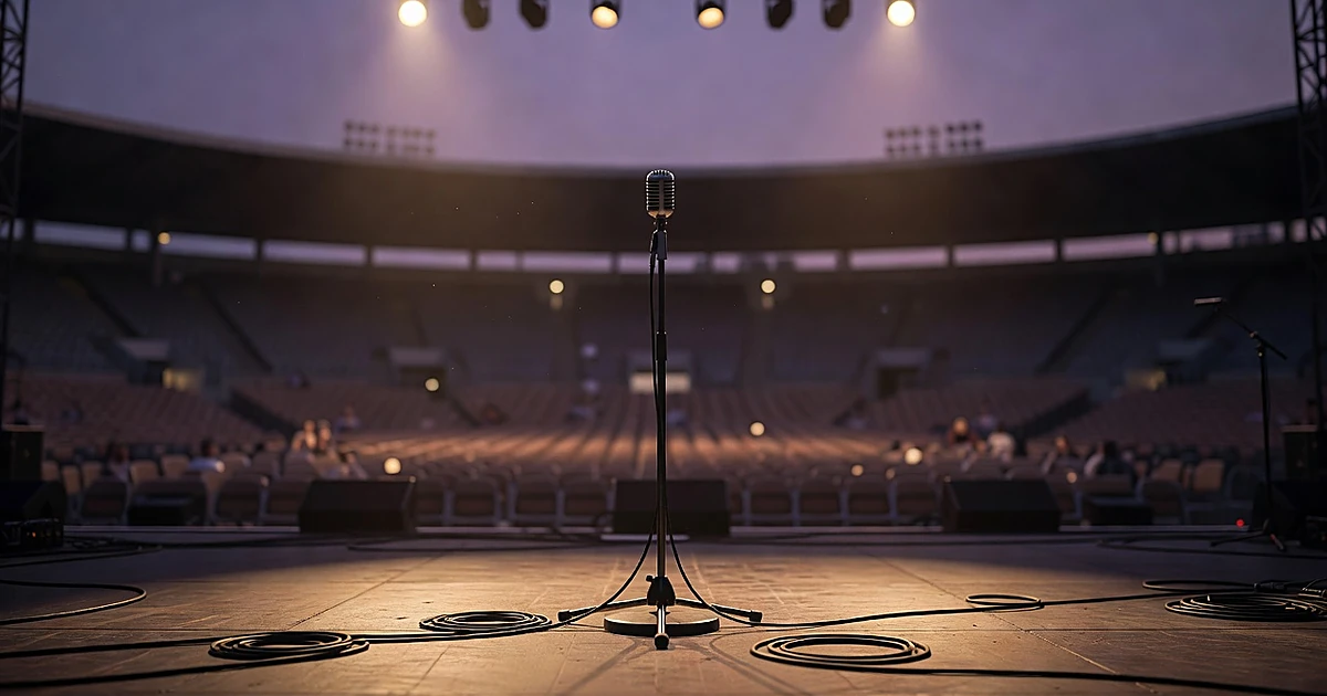 Empty concert stage at dusk with vintage microphone stand silhouetted against stage lights and arena seating