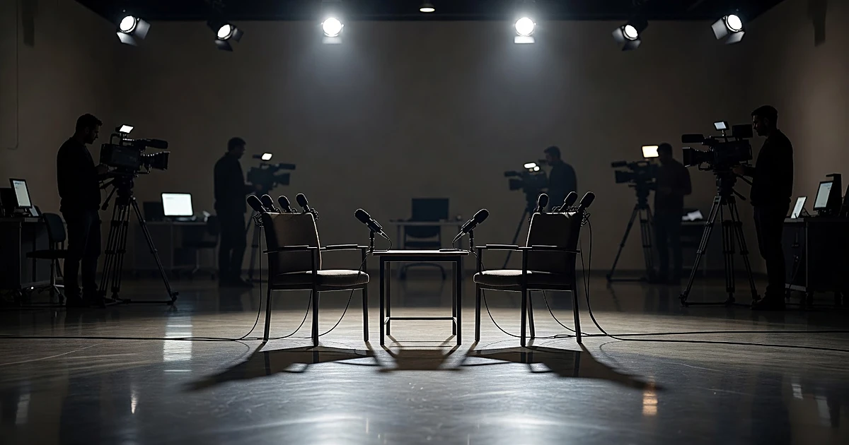 Empty television studio interview set with two chairs facing each other under bright studio lights