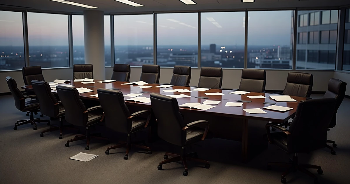 Empty diplomatic conference room with scattered papers and pushed-back chairs after negotiation breakdown