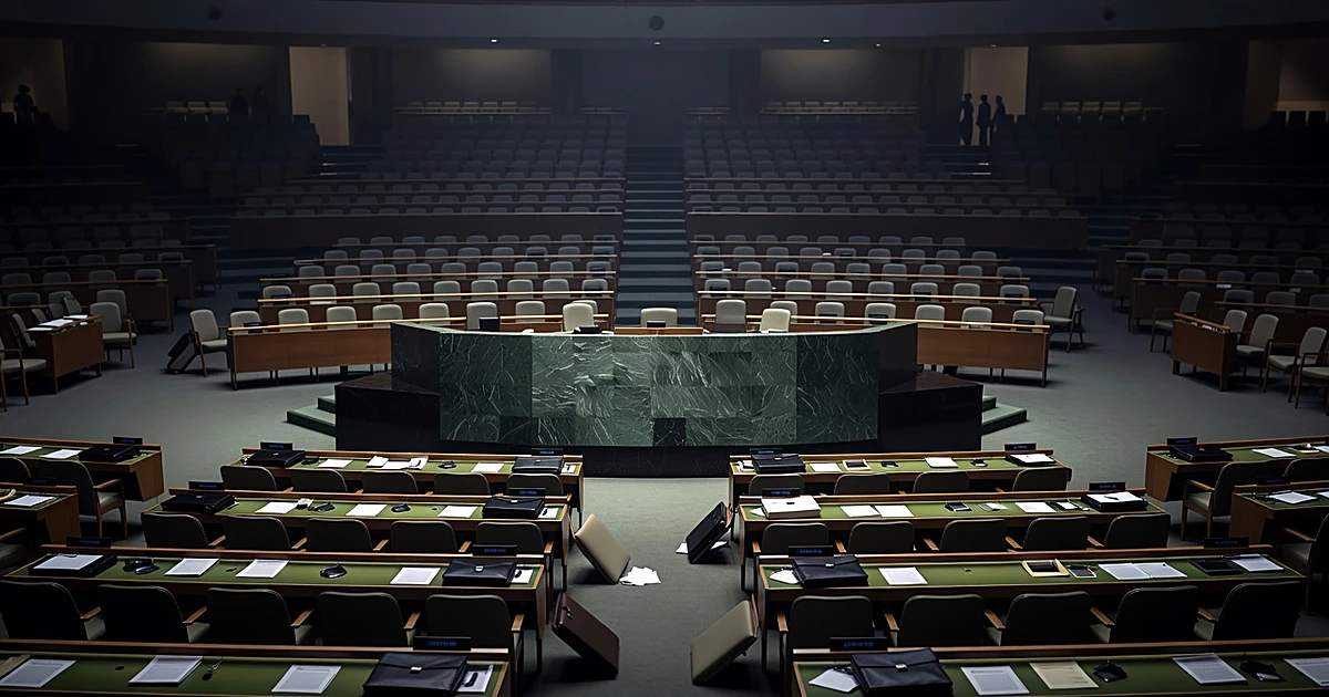Empty UN General Assembly hall with scattered papers on delegate desks and vacant chairs after diplomatic departure