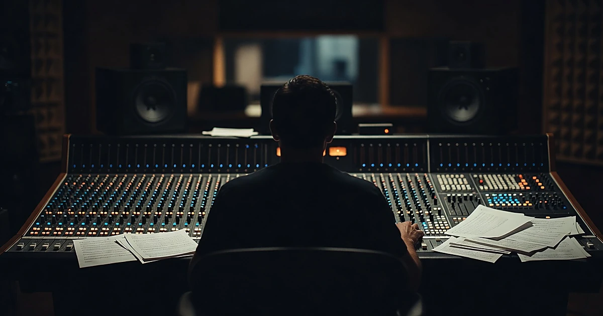 Silhouetted music producer at illuminated mixing console in darkened recording studio with scattered sheet music
