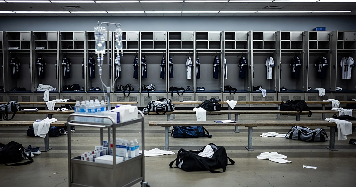 Empty NFL locker room with medical supplies and hydration equipment on cart in foreground