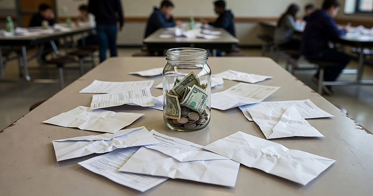 Glass jar filled with cash on school cafeteria table surrounded by blank fundraiser forms and donation envelopes