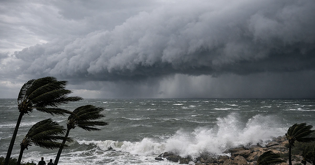 Storm clouds approaching Pacific coastline with palm trees bending in strong winds and rough ocean waves