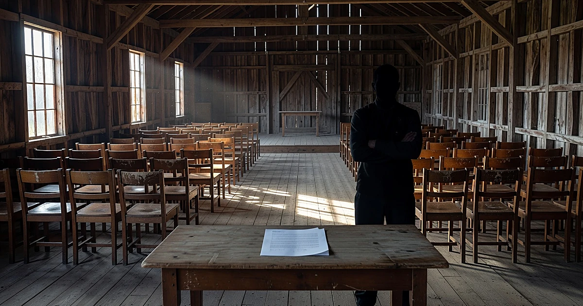 Empty wedding venue interior with silhouetted figure standing near contract table in dramatic window light