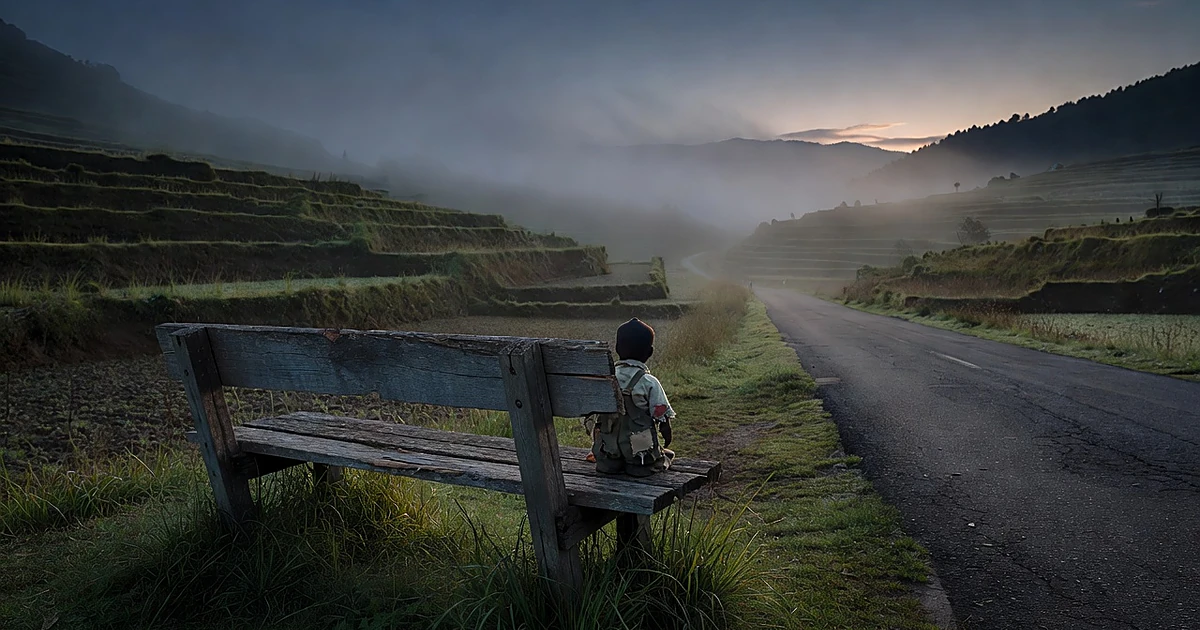 Empty rural bus stop with cloth figure on bench in misty Japanese mountain valley with overgrown terraced fields