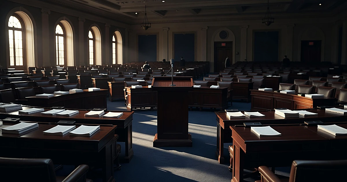 Empty Senate chamber with wooden desks, central podium, and dramatic window lighting casting shadows across carpet