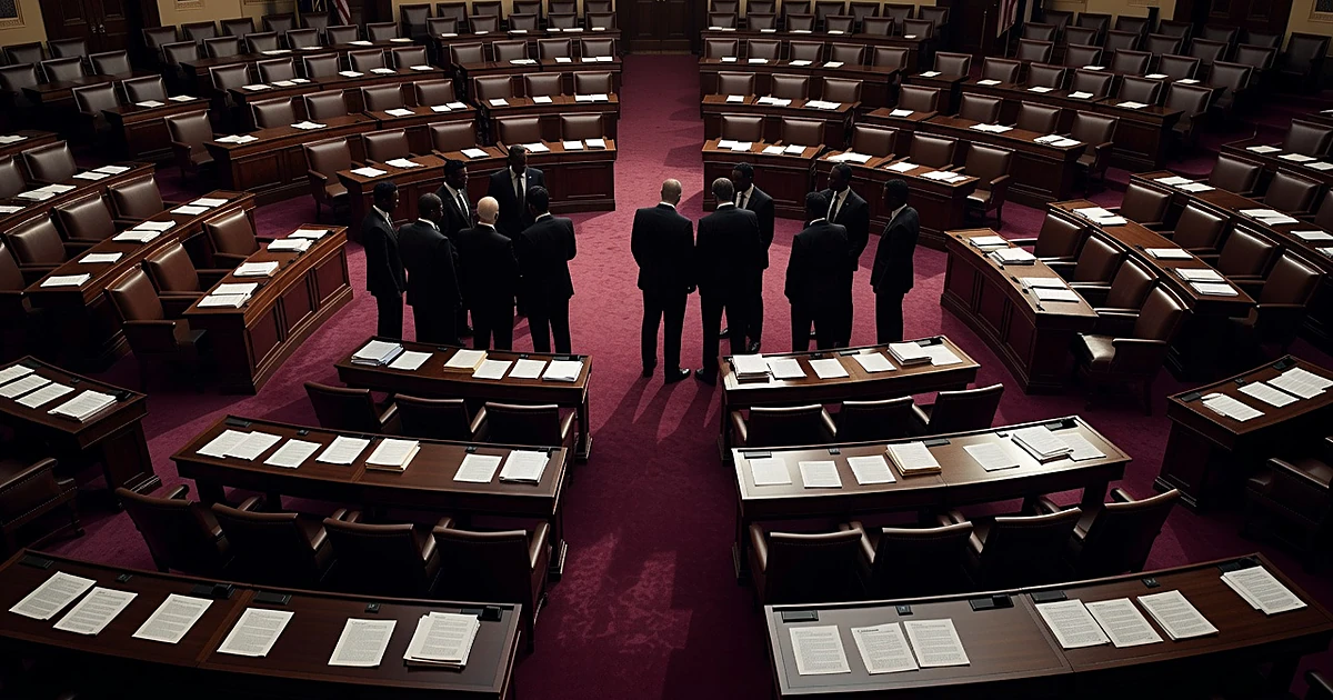Senate chamber interior with silhouetted figures standing among scattered papers on desks