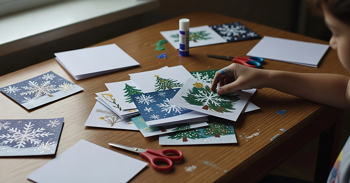 Child's hand placing handmade winter card among colorful seasonal greeting cards on classroom table