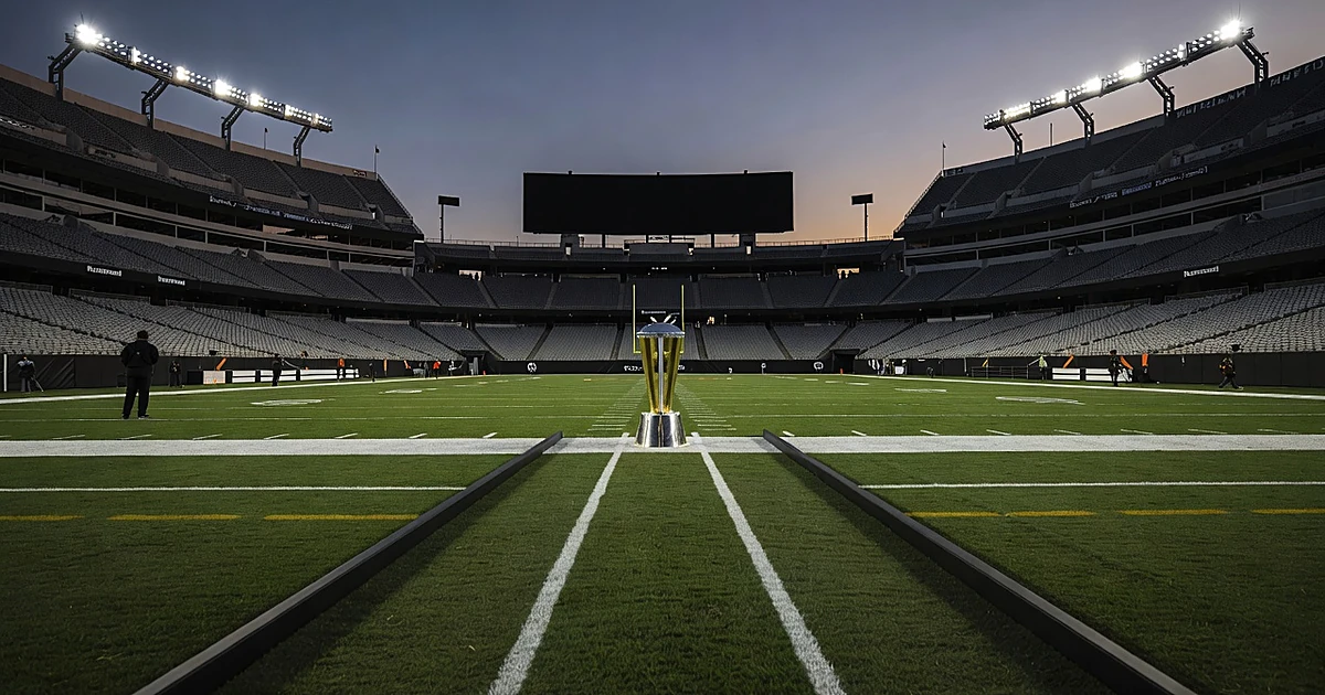 Empty NFL stadium field at dusk with racing lanes marked on turf leading to trophy at end zone