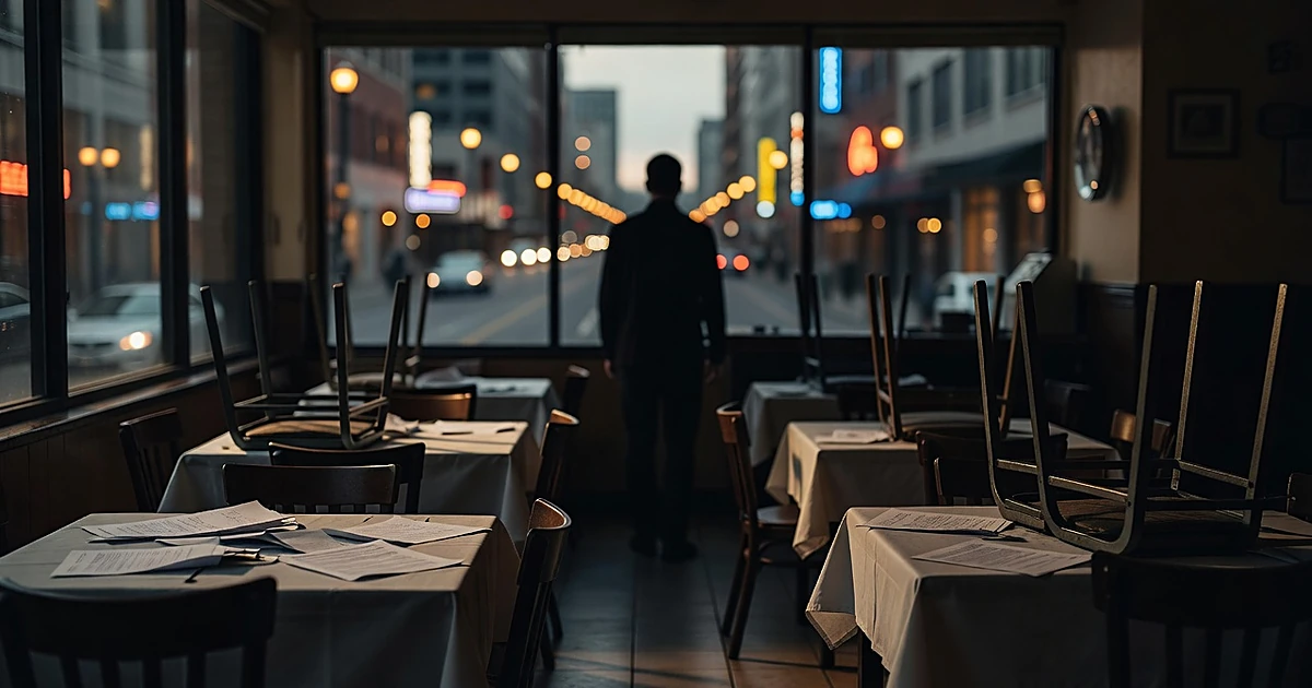 Empty restaurant interior with stacked chairs and silhouetted figure facing dark kitchen area at dusk