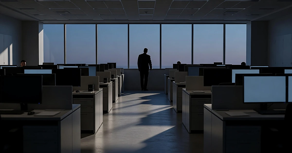 Empty federal command center at dusk with silhouetted figure standing near windows in background