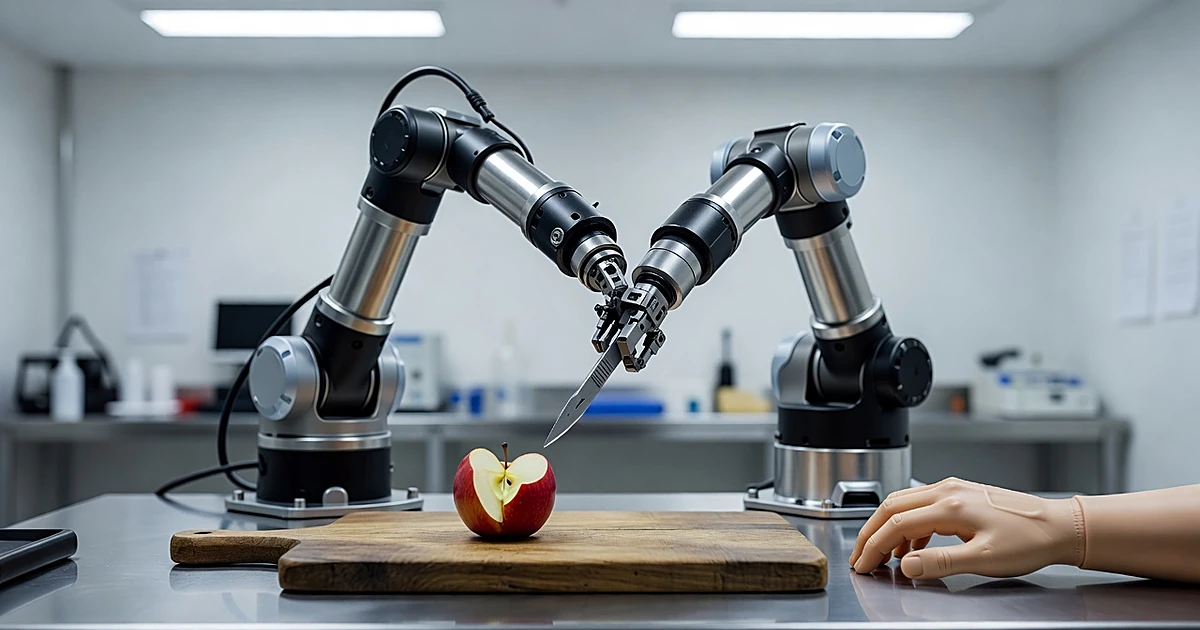 Robotic arm with blade pivoting from apple toward prosthetic hand on laboratory work surface