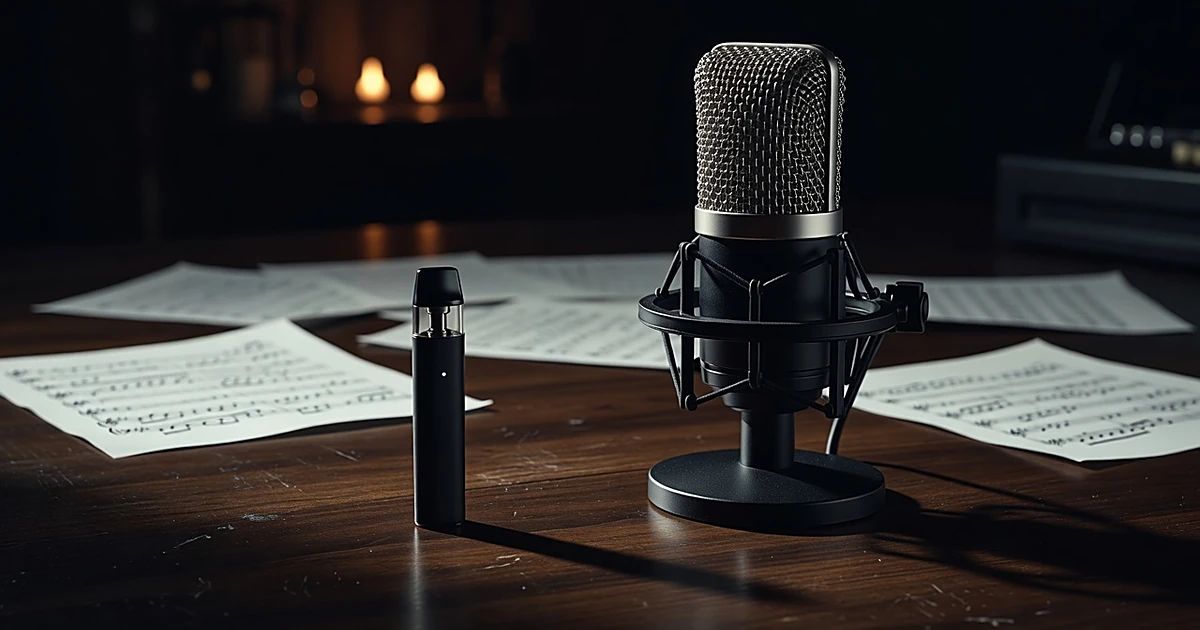 Vape device next to studio microphone with sheet music on dark surface in dramatic lighting