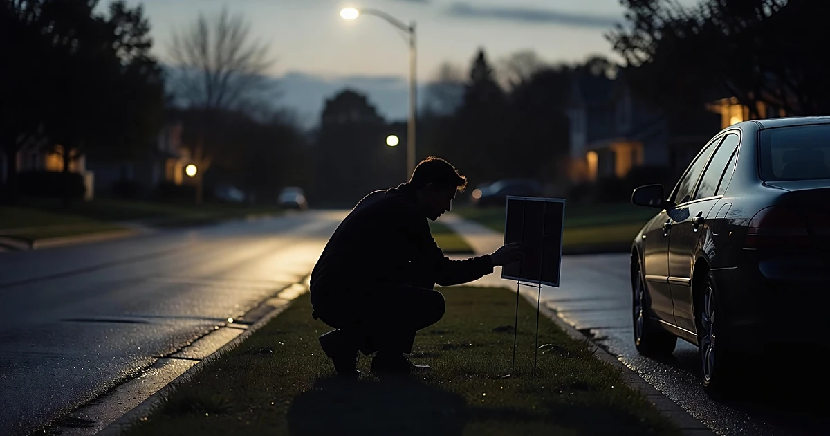 Silhouetted figure crouched beside vehicle reaching toward campaign yard sign on residential street at dusk