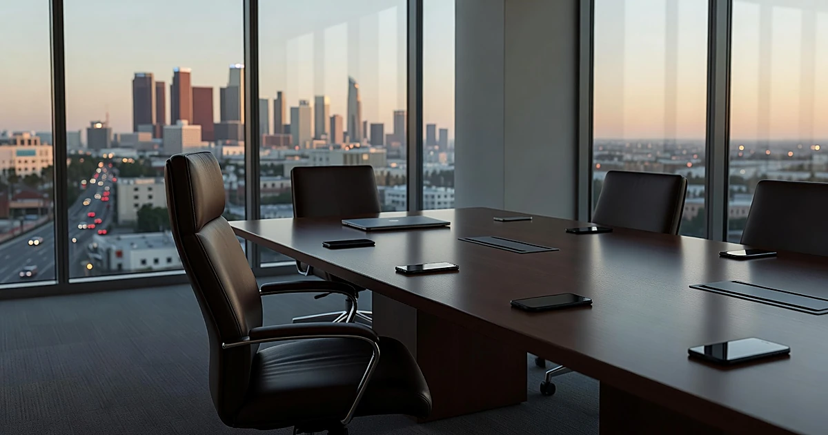 Empty Hollywood agency conference room with silent phones and laptop on polished table at golden hour