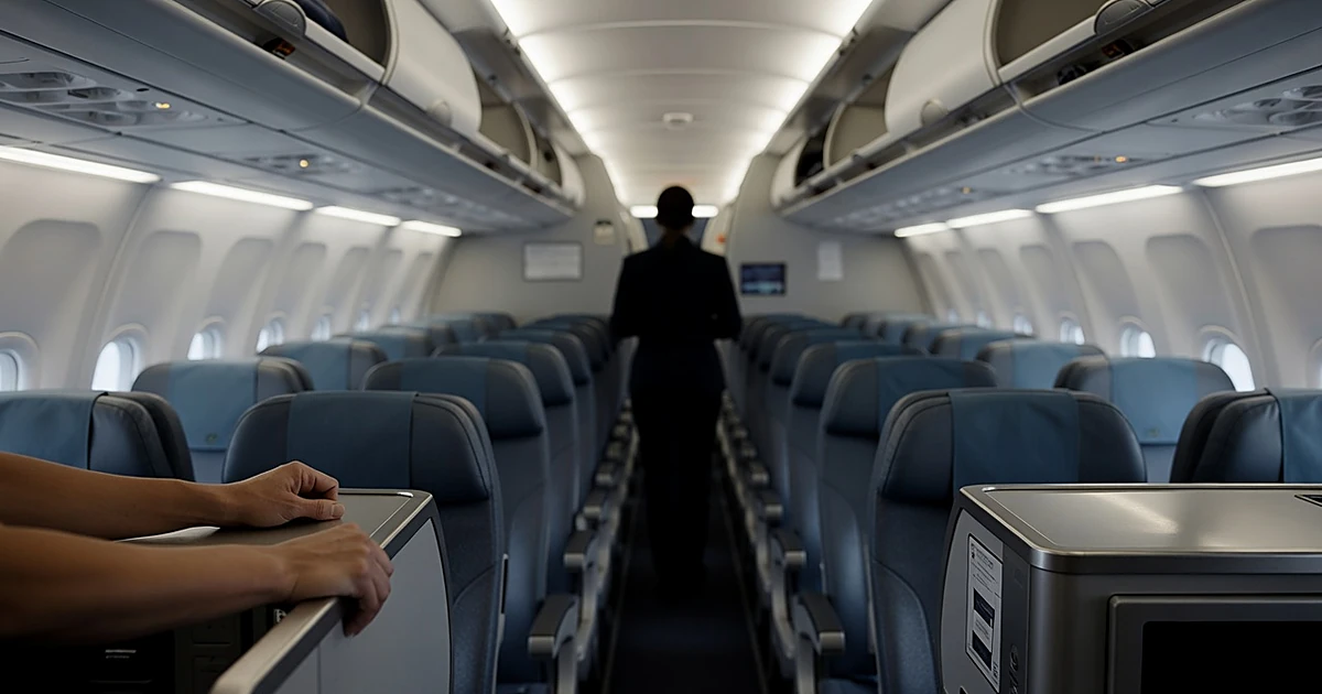 Aircraft cabin interior with flight attendant silhouettes in galley area under fluorescent lighting