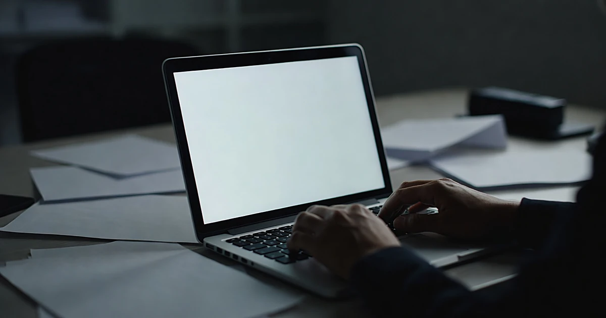 Laptop displaying blank campaign website template with silhouetted hands typing in dimly lit office workspace
