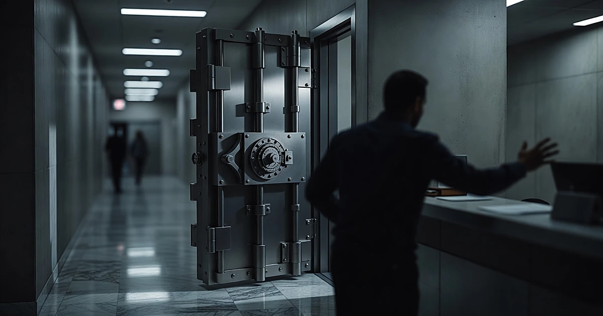 Silhouetted figure reaching toward bank teller counter with vault door visible in background