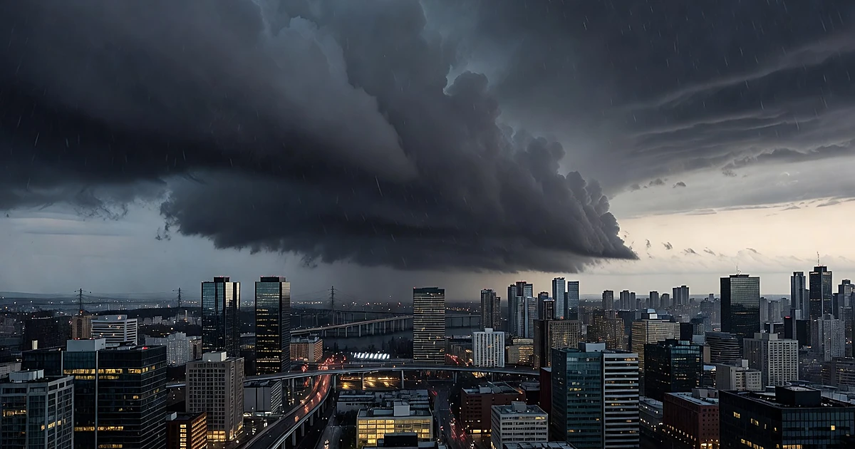Dark storm front advancing over urban skyline at dusk with rain streaks and glowing city lights