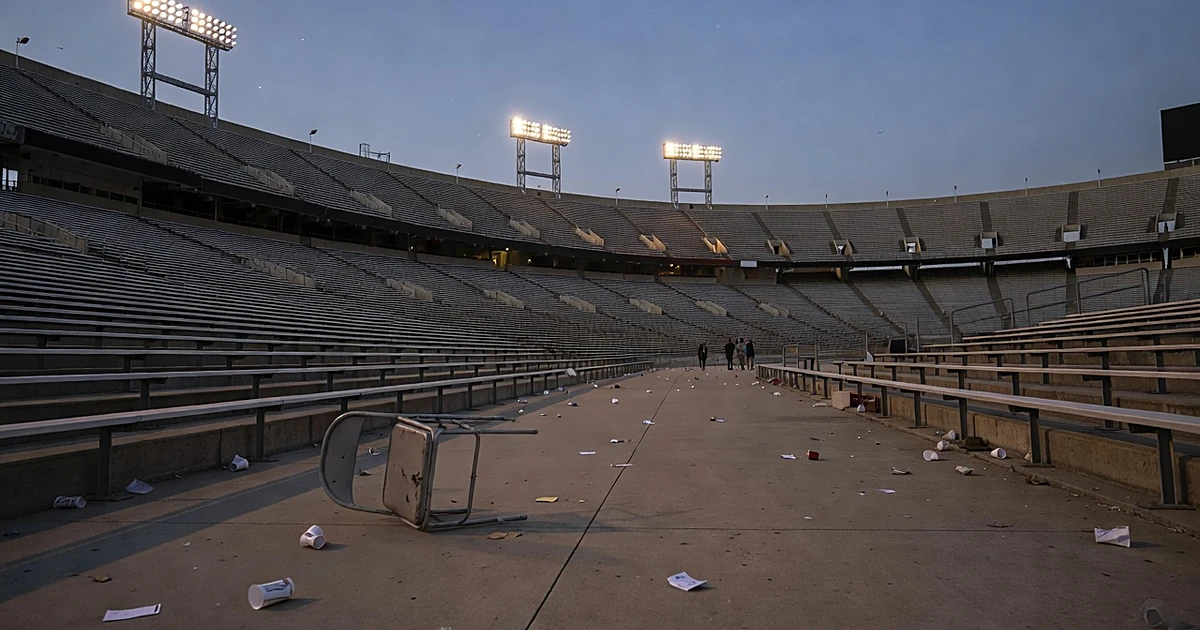 Empty college football stadium exterior at dusk with scattered debris on walkway and glowing stadium lights